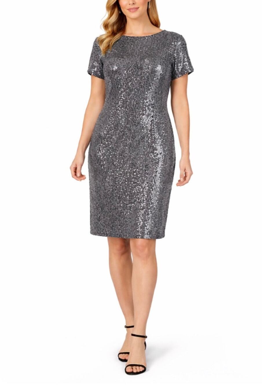 Ralph Lauren Silver Gray Cocktail Dress Sequined Short Sleeve Sheath Size 4